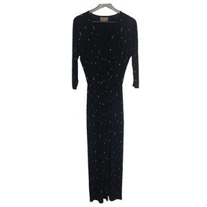 Bel Kazan Black Gold Micro Print Tapered Waist V Neck Dress Small